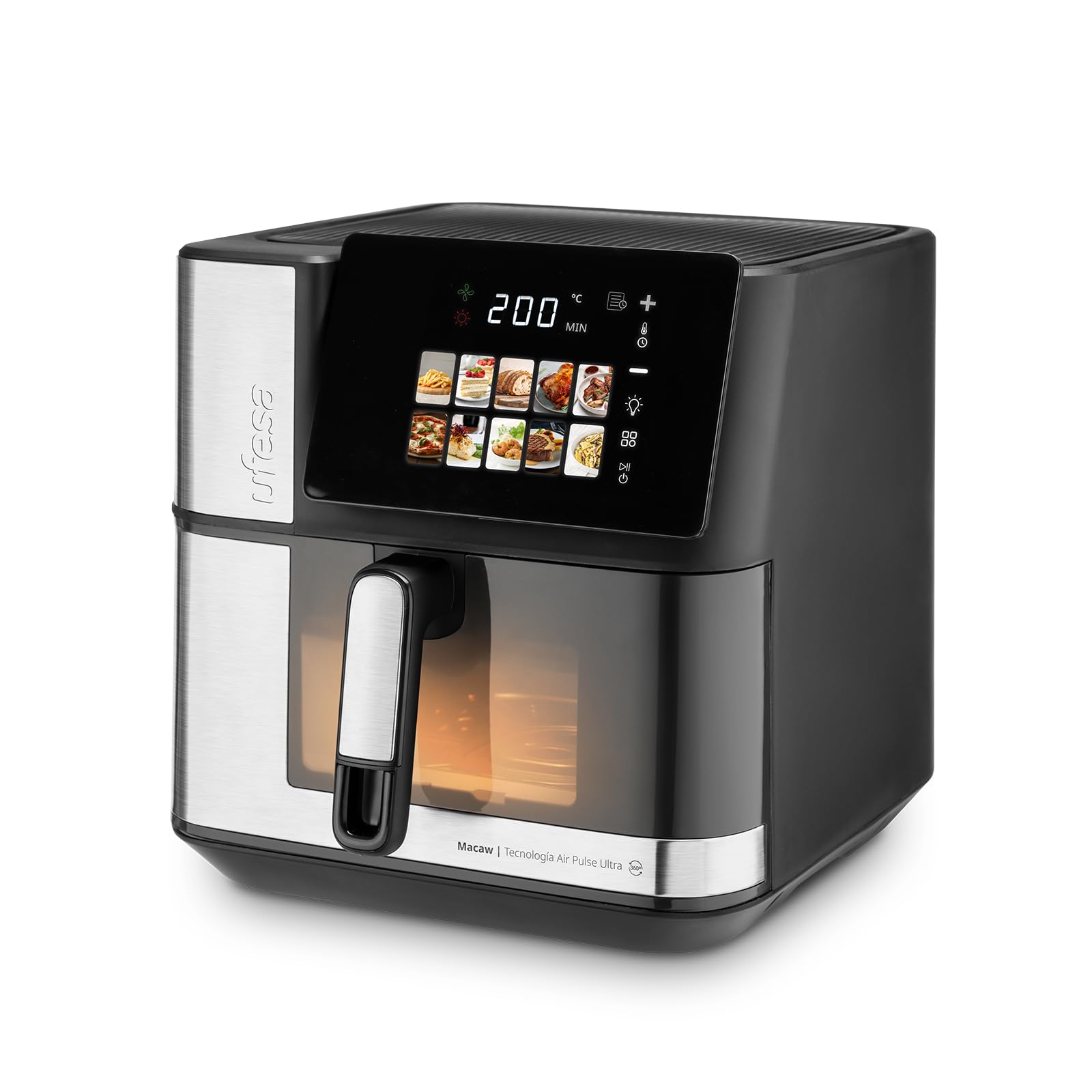 Ufesa Freidora de Aire Macaw 8.8L 2200W, Doble Resistencia, Cocción Rápida y Crujiente, Air Pulse Ultra 360º, Pantalla Táctil Digital con 10 Programas, Ventana con Luz, Incluye Bandeja Antiadherente