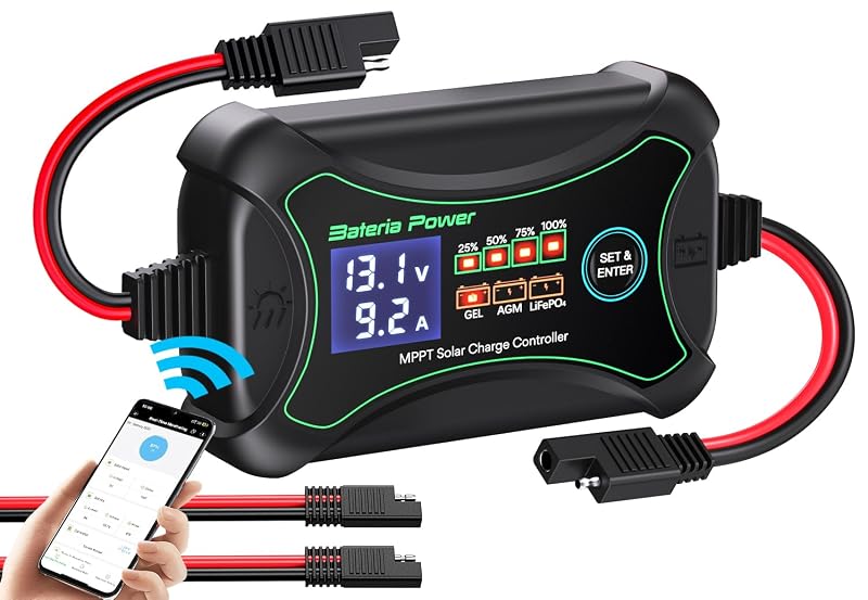 Controlador de Carga Solar MPPT 10 A com BT, APP e Display LCD Bateria Power Sunrock 10Pro para Baterias de 12 V
