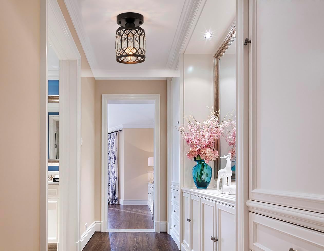 Crystal Black Ceiling Lights Modern Semi Flush Mount Ceiling Light Fixture,Farmhouse Rustic Chandelier for Entryway Porch Aisle Corridor Balcony
