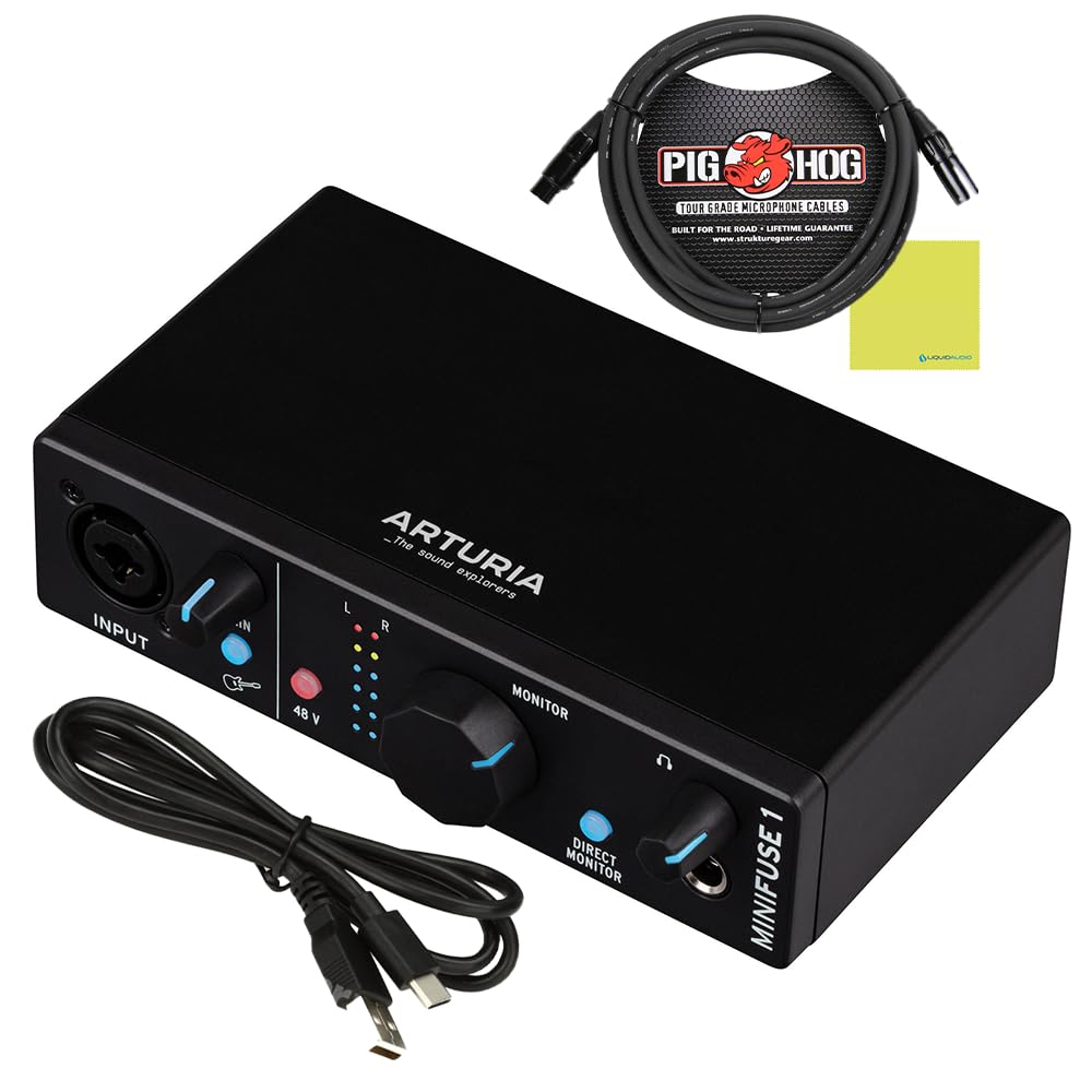 Arturia MiniFuse 1 USB-C Audio Interface Bundle w/XLR Cable, Black | Bring podcast-ready clarity to your very first take, includes microphone & polishing cloth