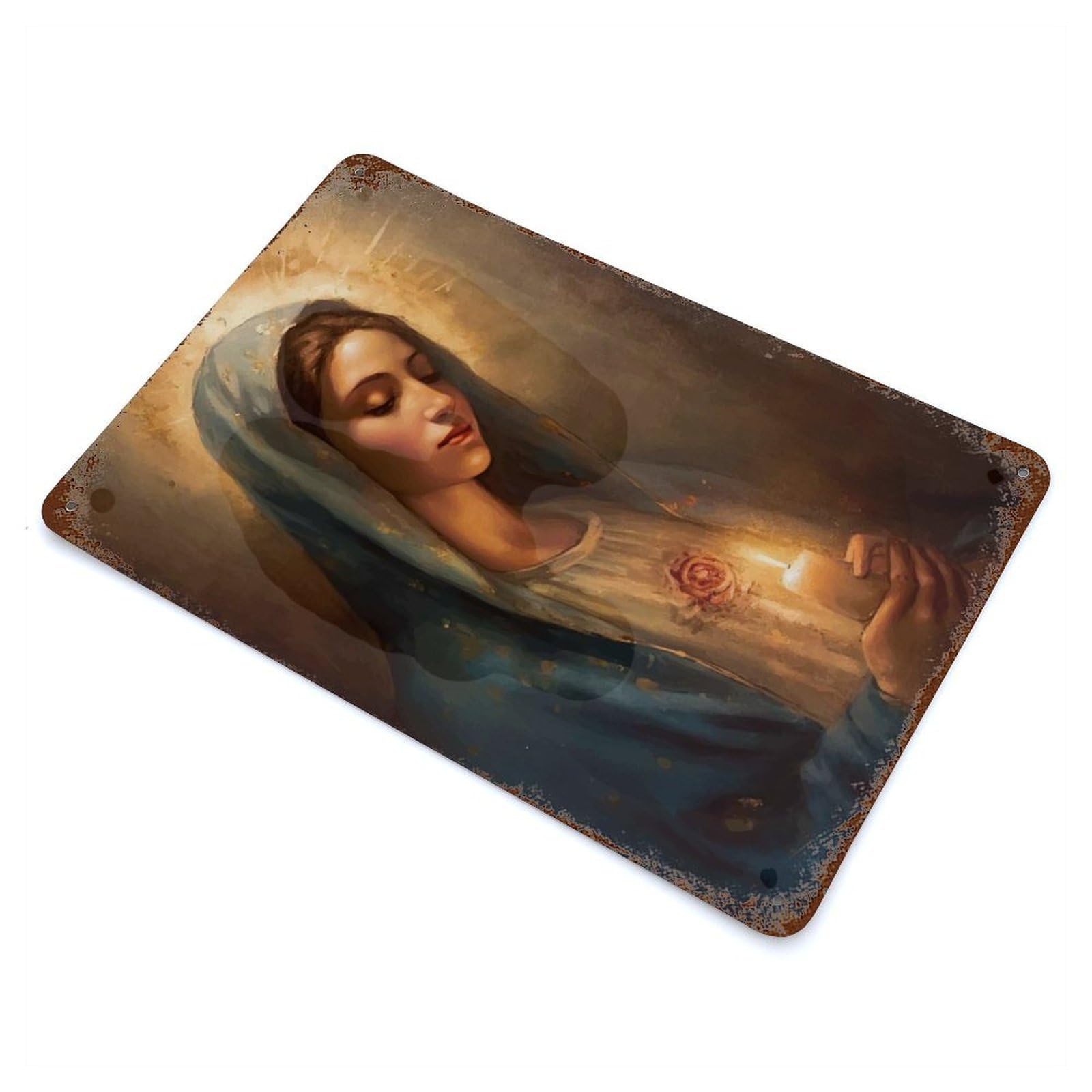 Decorative Tin Sign with Virgin Mary Painting Design 11.8"x7.9", for Garage, Bar And Workshop Decor, Farmhouse Wall Decor