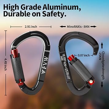 Auto Locking Rock Climbing Carabiner Clips, UIAA Certified Professional 25KN (5620 lbs) Heavy Duty Caribeaners for Rappelling Swing Rescue & Gym etc, Large D-Shaped Carabiners