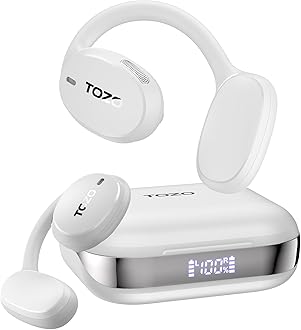TOZO OpenEgo Wireless Open Ear Headphones, 5.3 Bluetooth Sport Earphones with Digital Display and Ear Hooks for Long Playback, Dual Microphones, Clear Call for Running, Workout, Sweatproof White