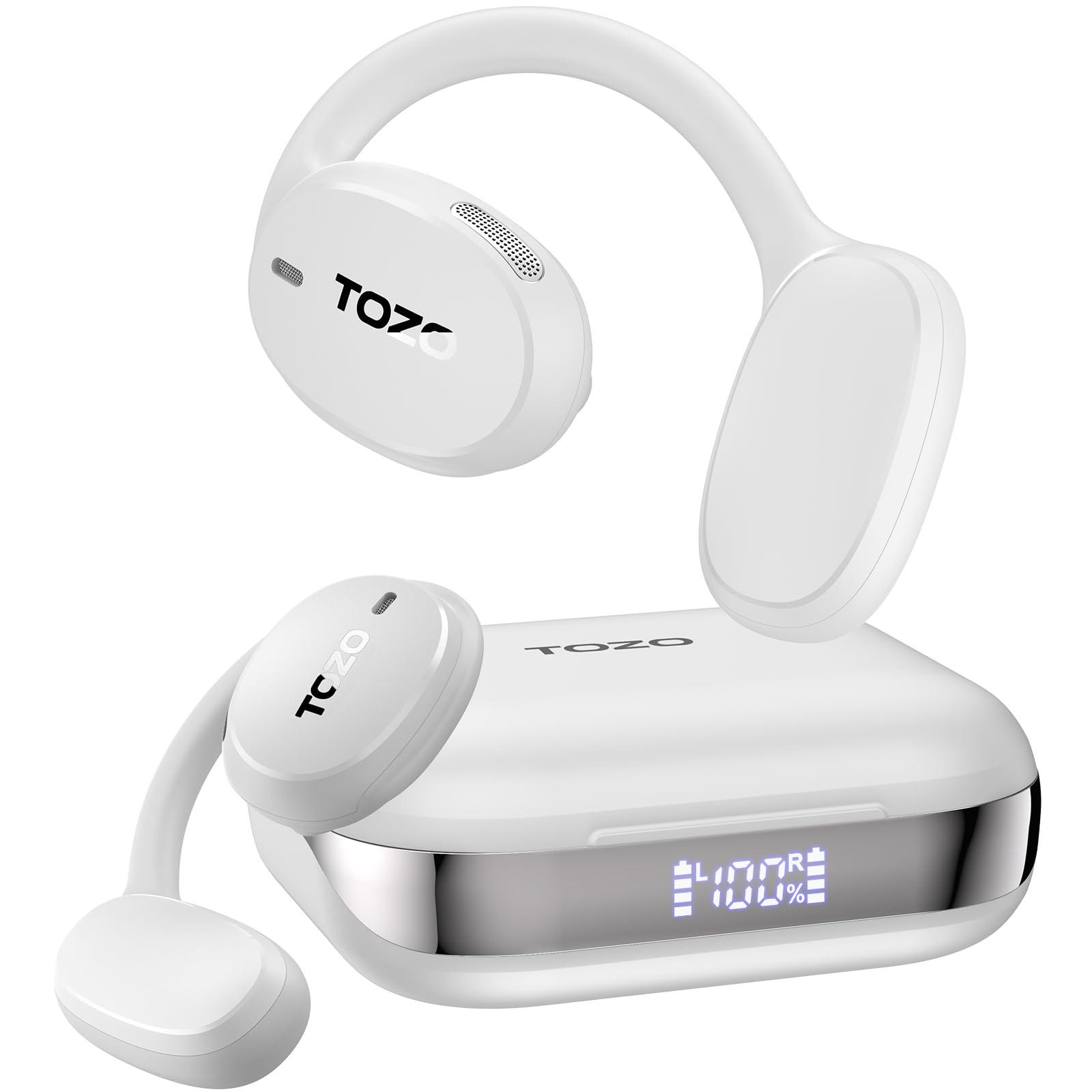 TOZO OpenEgo True Wireless Open Ear Headphone,5.3 Bluetooth Sport Earbuds with Earhooks for Long Time Playback with Digital Display, Dual Mic Clear Call Sweat-Proof for Running Workout White