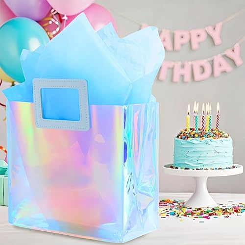 Miniatura 9 de Bolsa de regalo holográfica con papel de seda, reutilizable, bolsa de regalo de cumpleaños para mujeres y niñas, iridiscente, despedida de soltera