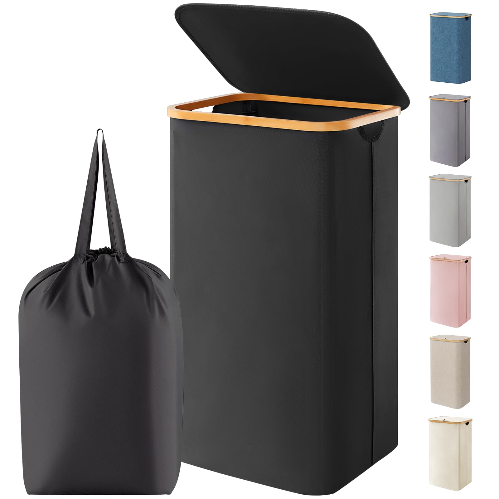 Lifewit 100L Laundry Basket with Lid, Foldable Laundry Hamper with Bamboo Handles and A Removable Laundry Bag, Large Collapsible Washing Basket for Bedroom, Bathroom, Dorm, Laundry Room, Black