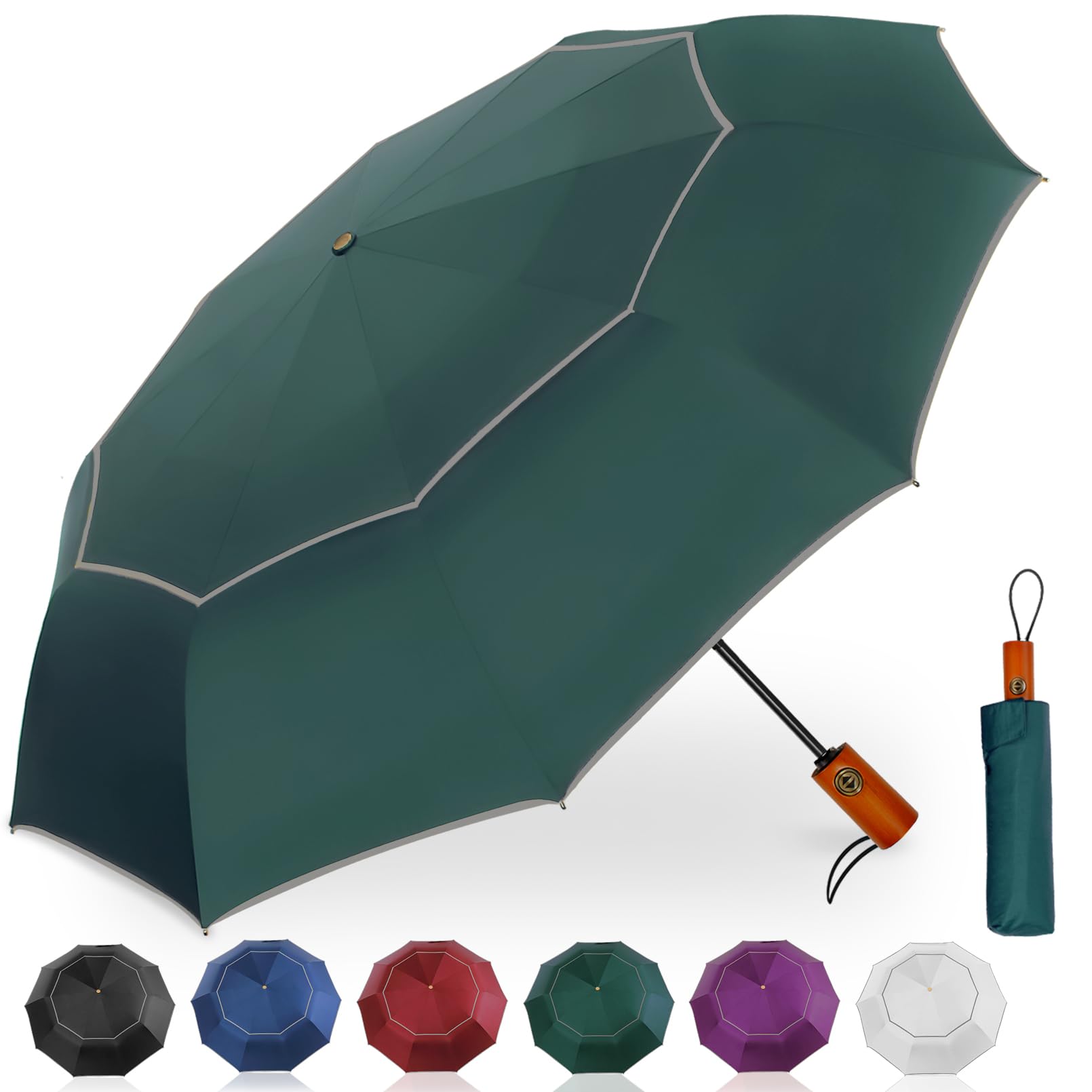 Satol Golf Umbrella Windproof Large 62 Inch, Reflective Umbrella10 Ribs Vented Double Canopy Automatic Open Oversize Compact Folding Umbrella for Travel, Waterproof UV Protection-Dark Green