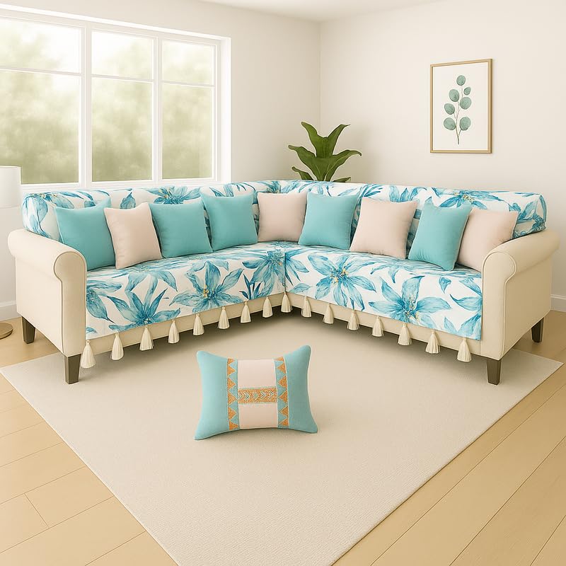 Blue Floral L Shape Waterproof 6 Seater Corner 3 Seater and 2