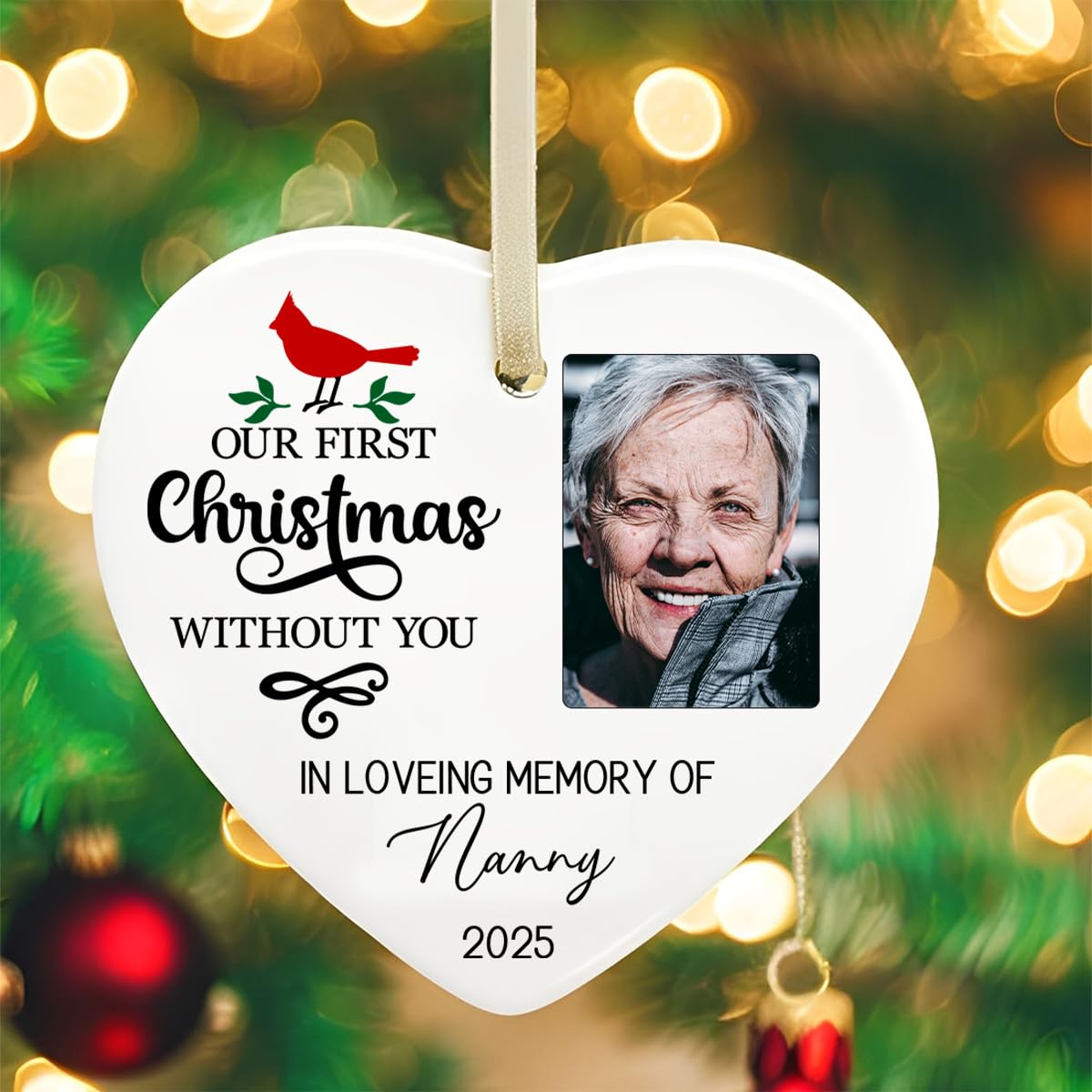 Gutegifts White Personalised Memorial Ornament | Our First Christmas Without You Heart-Shaped Ceramic Bauble Keepsake With Photo | In Loving Memory Gift For Family Or Friends Sympathy Ornament