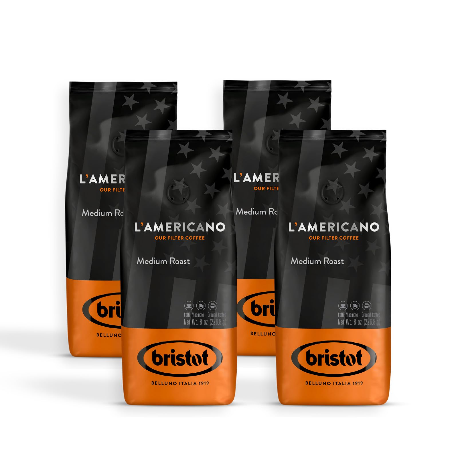 Bristot, Caffè Macinato L’Americano Medium Roast - Miscela per Caffè Americano da Brasile e Sud Est Asiatico, Note di Cioccolato, Spezie e Cacao - Set da 4 Confezioni da 226g (Totale 904g)