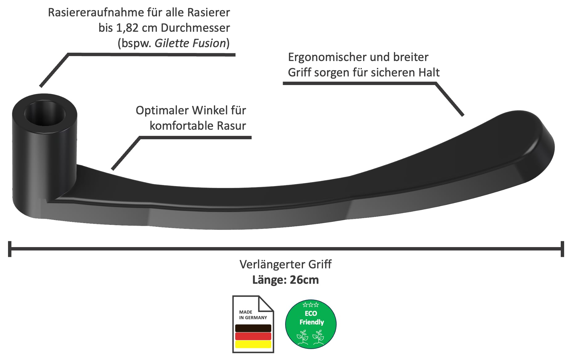 Rallonge de rasoir dorsal - Support de rasoir pour rasage du dos - Compatible entre autres avec Gillette Fusion5, ProGlide, Mach3 - Aide au rasage - Fabriqué en Allemagne (avec cale de