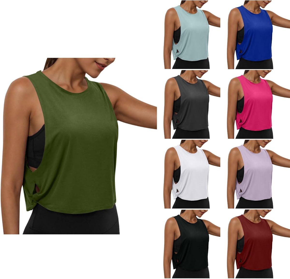 Women's Sleeveless Workout Vest Tops - Solid Tank Top with Side Hollowed Out, Breathable Round Neck Fitness Shirts Army Green at Amazon Women’s Clothing store