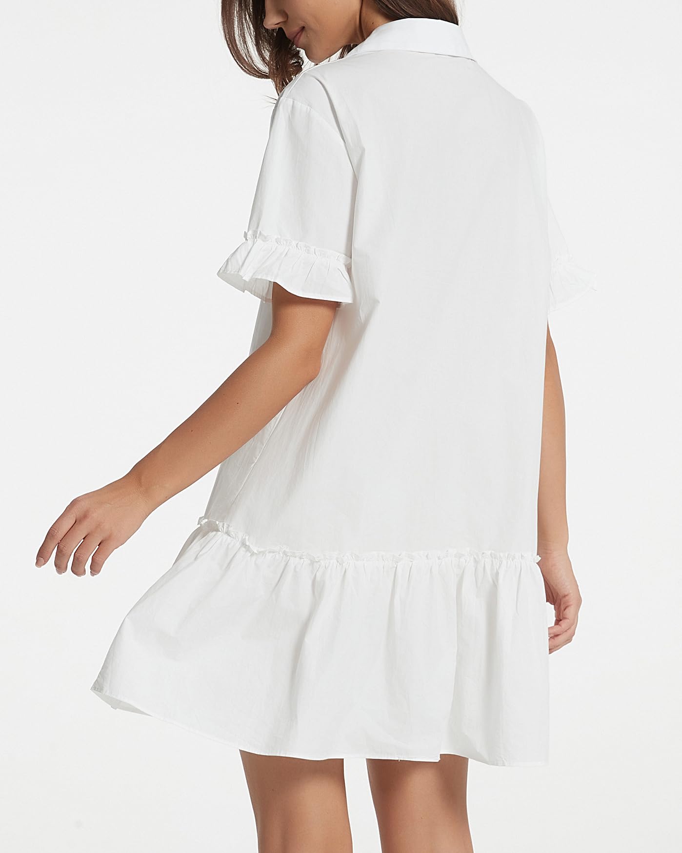 YEXPINE Vestido Camisero Corto con Volantes para Mujer, Vestido de Manga Corta con Botones, Vestido de algodón con Cintura caída, Blanco, Large