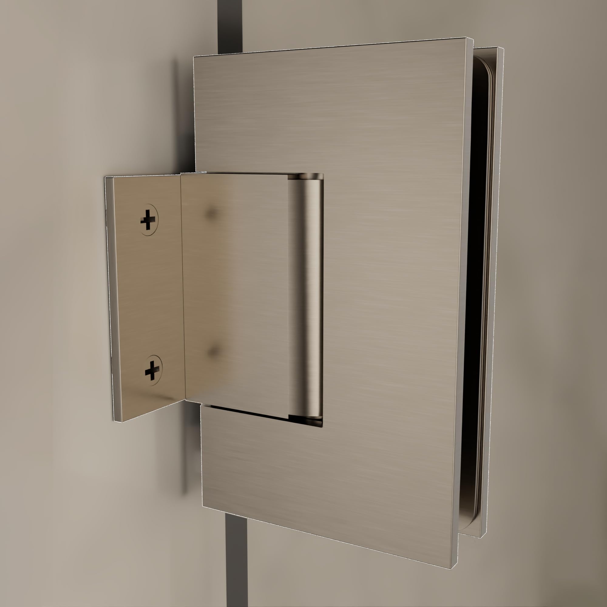 Brixwell Wall Mount Short Back Plate Hinge, Brass, Brushed Nickel Finish, 4" Height x 2-5/16" Width, Self-Centering 90 Degree in and Out Swing for 3/8" to 1/2" Glazing Thickness Shower Doors