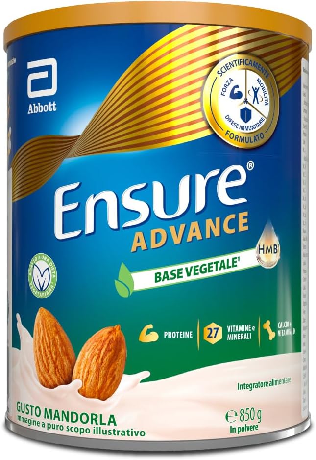 Ensure Advance Base Vegetale, Integratore con Proteine Vegetali, con 27 Vitamine e Minerali, Calcio e HMB, Confezione 850g, Gusto Mandorla, Senza Glutine, Adatto agli intolleranti al lattosio
