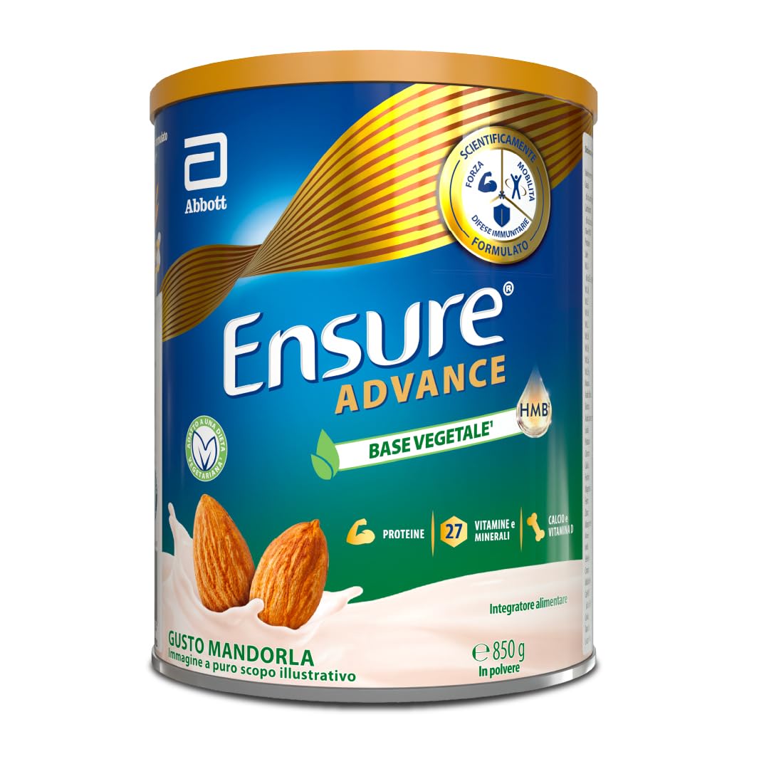 Ensure Advance Base Vegetale, Integratore con Proteine Vegetali, con 27 Vitamine e Minerali, Calcio e HMB, Confezione 850g, Gusto Mandorla, Senza Glutine, Adatto agli intolleranti al lattosio