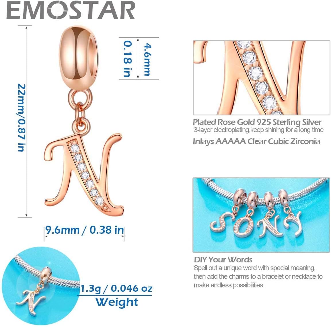 EMOSTAR Letter Charms Initial A-Z Alphabet Beads, Rose Gold 925 Sterling Silver Dangle CZ Birthstone Pendant, Gifts for European Charm Bracelet/Mothers Day/Birthday - Image 3