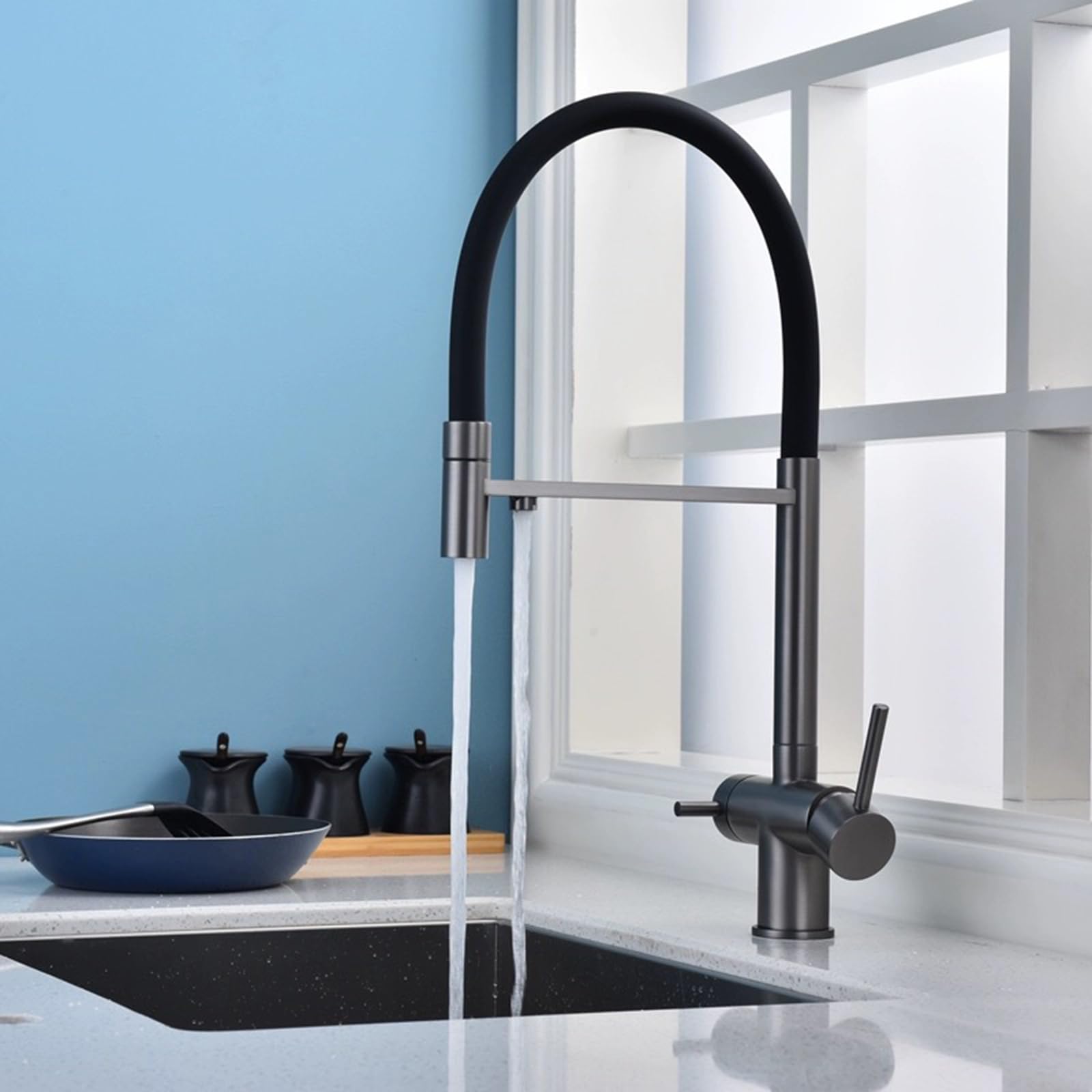 XJTNLB Miscelatore Cucina 3 Vie Acciaio Inox Oro Spazzolato+Bianco Rubinetto Tre Vie con Doccetta Estraibile Miscelatore Cucina con Doccetta Estraibile