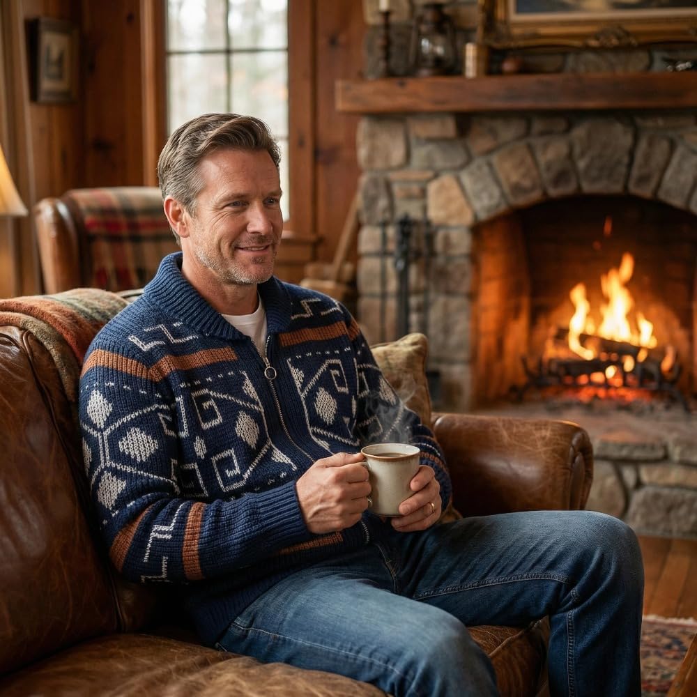 Mens Zip Up Sweater Grandpa Cardigan Shawl Collar Cable Knit Christmas Ugly Jacquard Cardigan Sweaters for Men - Image 6