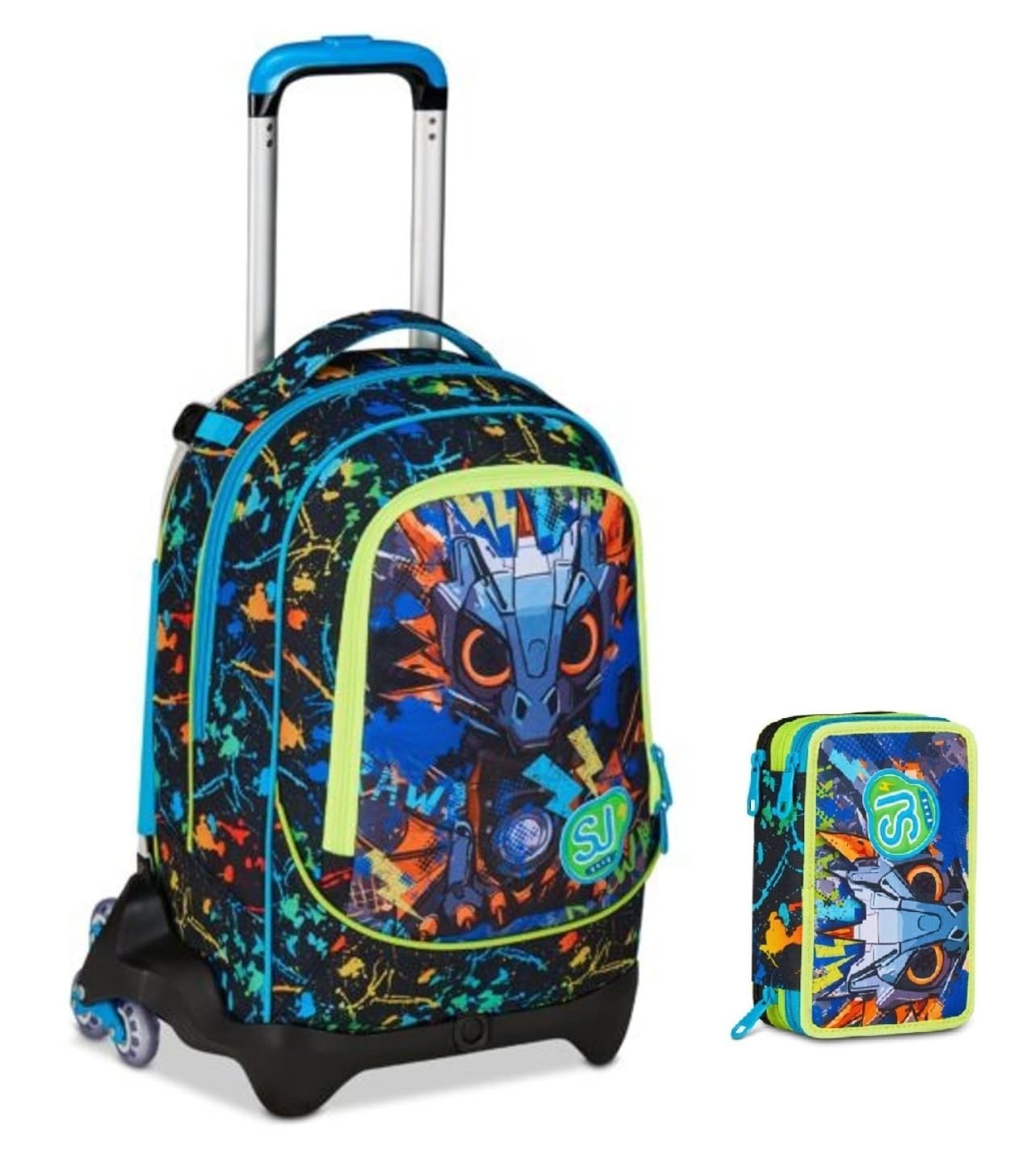 PRESTIGE & DELUXE Trolley Scuola Jack 3 Ruote staccabile Led Look Drago, 3 in 1 per Scuola Elementare Bambino + Astuccio 3 zip con cancelleria + 7 penne cancellabili e portachiave fischietto