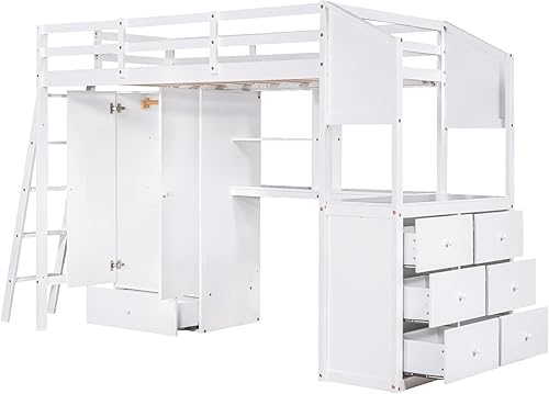 Miniatura 7 de DEINPPA Cama tipo loft de tamaño individual con armario y armario marco de cama tipo loft de madera con cajones y estantes para niños niñas