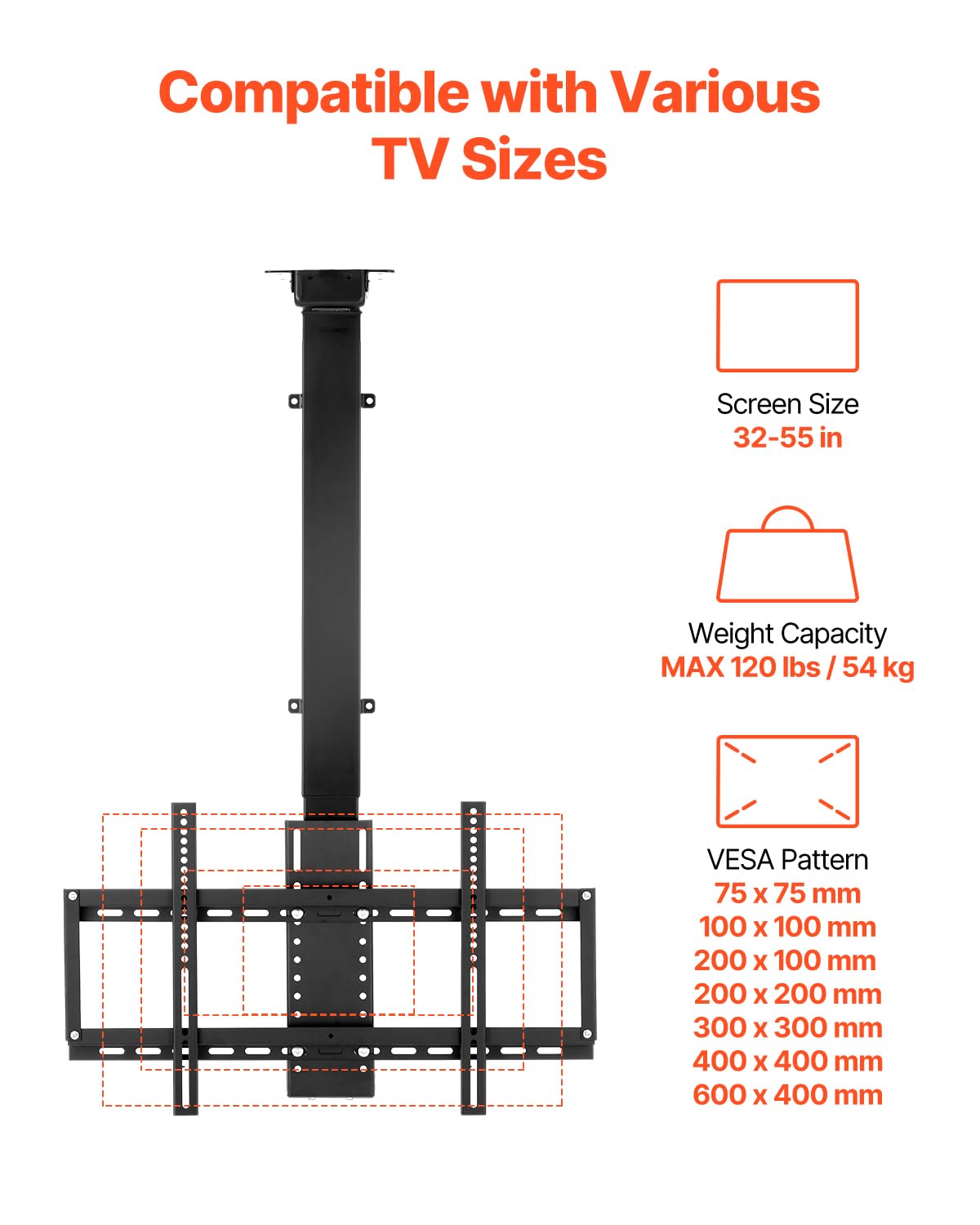 VEVOR Supporto per TV da Parete Motorizzato, Telaio Supporto per TV Dimensioni da 813 a 1397 mm, Telaio Porta Televisione Pieghevole Regolabile con VESA Massimo 60 x 40 cm, Carico max. 54kg