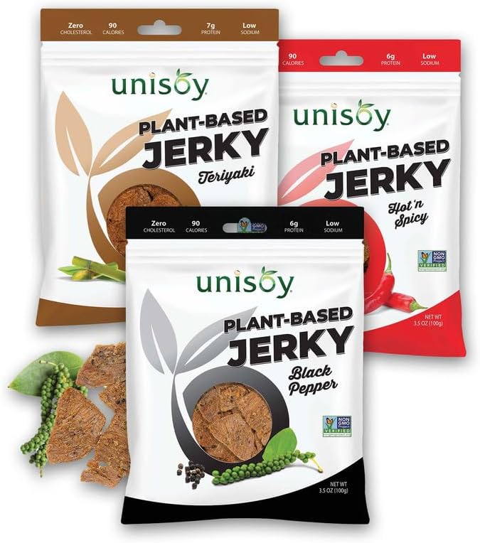 Unisoy Plant Based Jerky - High Protein Plant Based Vegan Jerky Snacks - Sustainable, Non-GMO, Low Sodium Vegan Food with a Classic Jerky Taste - Black Pepper, Teriyaki and Hot & Spicy (3-Pack)