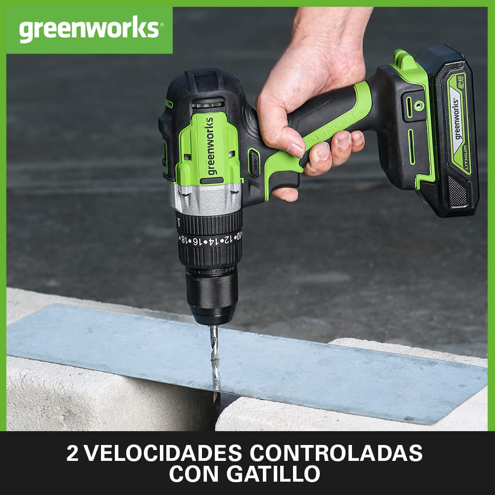 Greenworks GD24DD60K2 Taladro Atornillador Inalámbrico con Motor sin Escobillas, 0-1750 rpm, 2 Velocidades, Torque de 60 Nm, Bolsa de Transporte, Batería de 24V y Cargador, Garantía de 3 Años