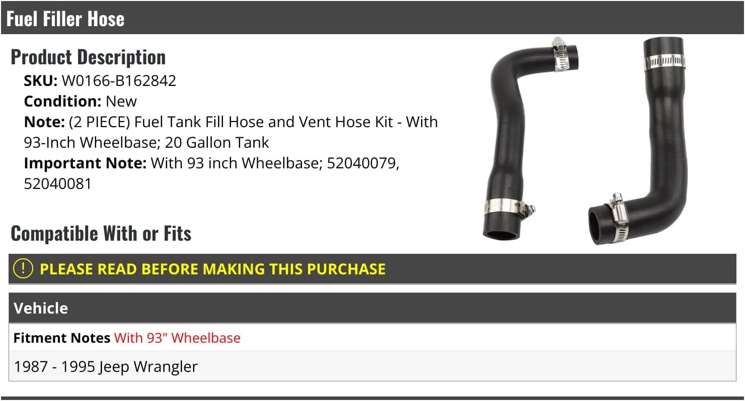 Marketplace Auto Parts Fuel Tank Filler Hose - Compatible with 1987-1995 Jeep Wrangler (with 93-Inch Wheelbase, 20 Gallon Tank)