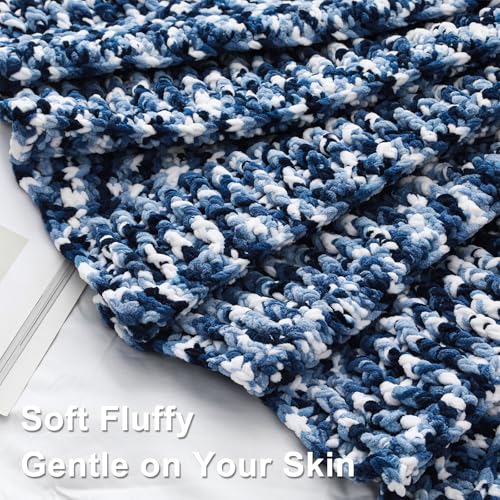 Image of #6 Super Bulky Blanket Yarn for Crocheting - 4 Skeins(Each 10.5oz /300g, 220yds /201m), Chunky Chenille Thick Plush Big Soft Yarn for Crocheting Knitting Blankets, Khaki & Blue & White