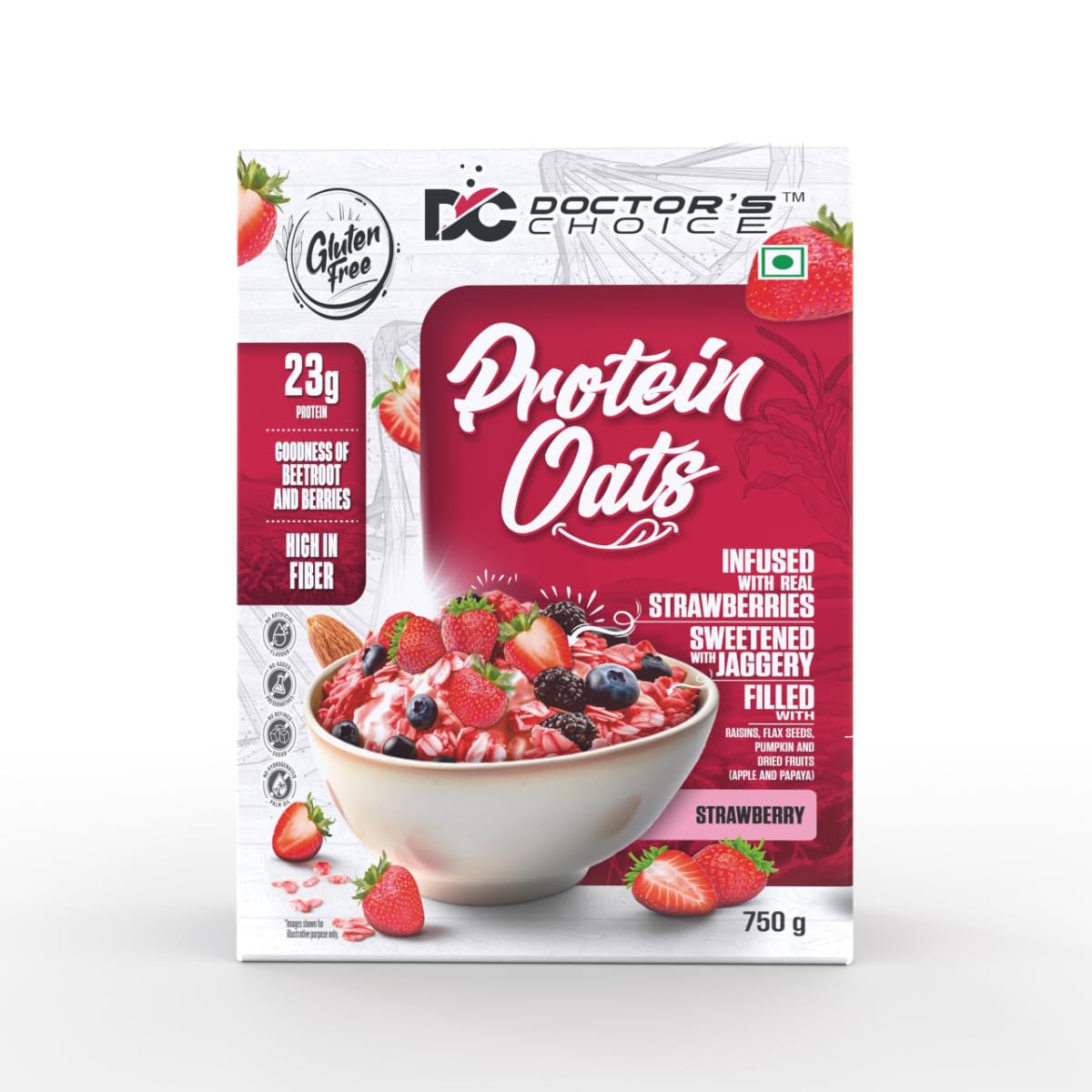 DC DOCTORS CHOICE Strawberry High Protein Oats (23g Protein), Jaggery Sweetened, No Additives, 0g Refined Sugar, High-fiber cereal with raisins | Doctor Choice Oats (750g, Strawberry)