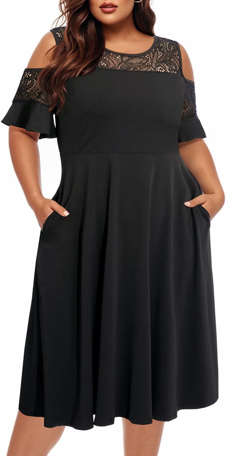Plus Size Cocktail Dress - Graduation Cold Shoulder Lace Midi Dresses with Pockets - Image 2