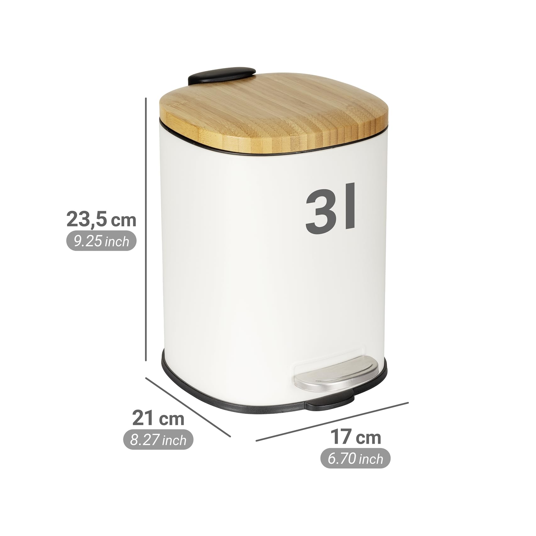 WENKO Poubelle à pédale Mod Fianema seau cosmétique 3L blanc Easy-Close avec couvercle en bambou métal plastique 17 x 23,5 x 21 cm noir naturel