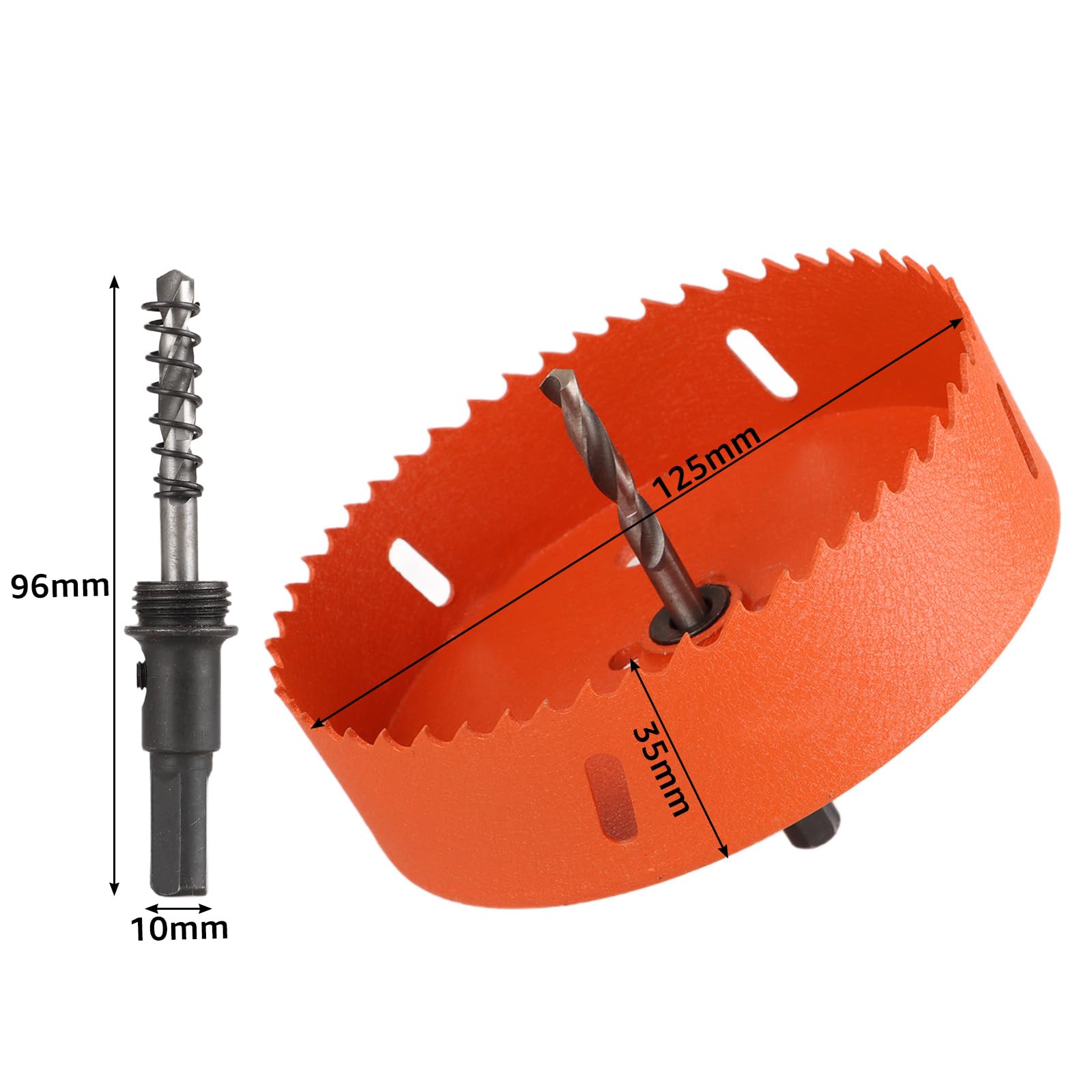 Otwornica 125 mm, pomarańczowa, bimetalowa, uniwersalna otwornica 125 mm, 125 mm, zestaw z rozdzielnym wiertłem, koronką wiertniczą, średnica 125 mm, do materiałów budowlanych, drewna, metali