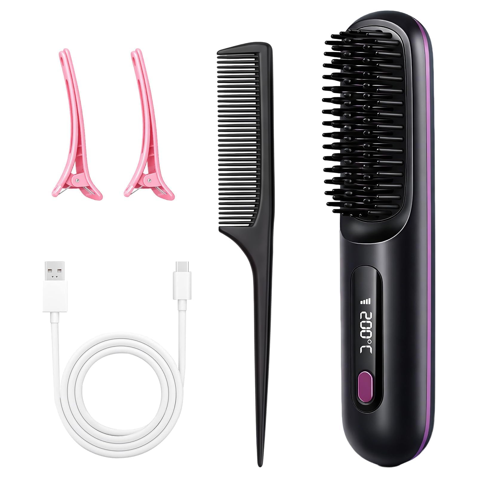 Cepillo Alisador Pelo Inalambrica, Escova Alisadora de Cabelo Iónico, Peine Alisador de Cabello Electrico Portátil, Recarga USB, con Pantalla LCD, 3 Modos Ajustable, 160-200°C, Mini Plancha Pelo — view 8