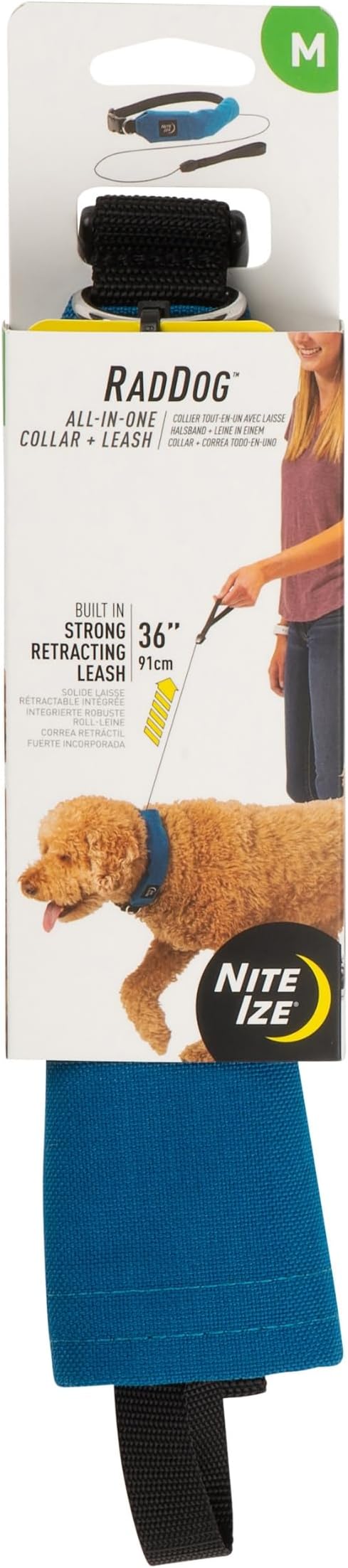 - Nite Ize Raddog All-in-One Collar and Leash Combo - Heavy-Duty Dog Collar with Built-in Retractable Leash - 16" to 18" Collar - Blue, Medium