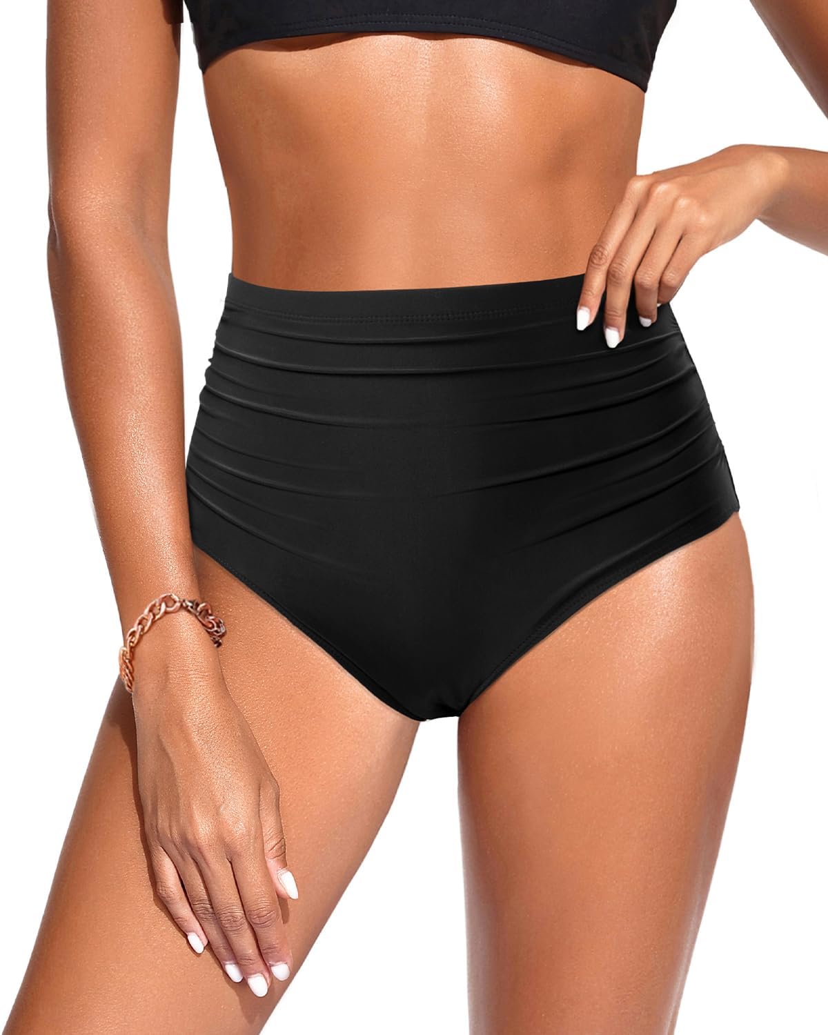 Zmart High Waisted Bikini Bottoms - Women's Full Coverage Ruched Bathing Suit Bottom Low Cut Swimsuit