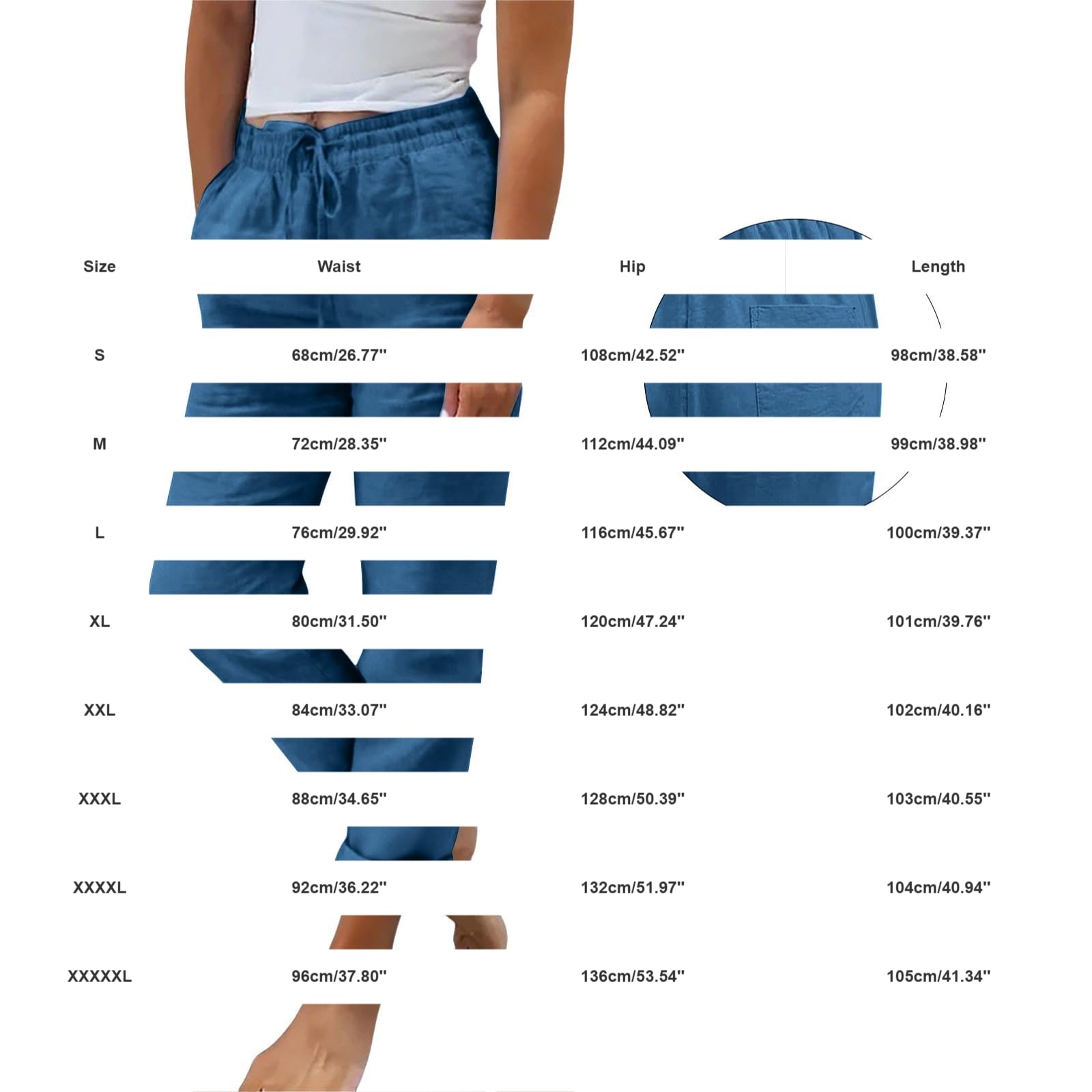 Sommer Leinenhose Damen Hohe Taille Kniehoch Musselin Hose Locker Stoffhose Leinenmisch Zugbund GesäßTaschen Einfarbige Freizeithose Für Camping EinkäUfe Und TäGliche Unternehmungen