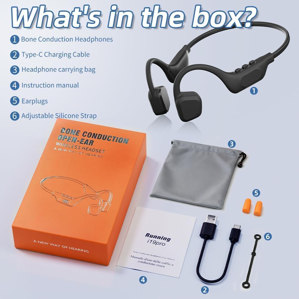 Cuffie Conduzione Ossea Bluetooth 6.0, Auricolari Sportivi Bluetooth Open-ear Autonomia 14 Ore, Open-ear Cuffie LED Display, IPX8 Impermeabili, Qualità Audio HD Per Corsa Ciclismo Guida Fitness (Nero)