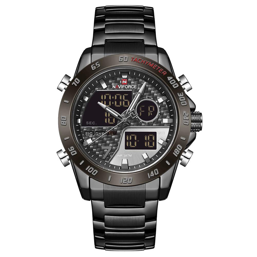 NAVIFORCE Men's Multifunction Waterproof Sport Analog Digital Quartz Watch Chronograph Dual Time Alarm SIG Snooze Function, B/GY/B, M, Quartz Watch, Chronograph, Digital