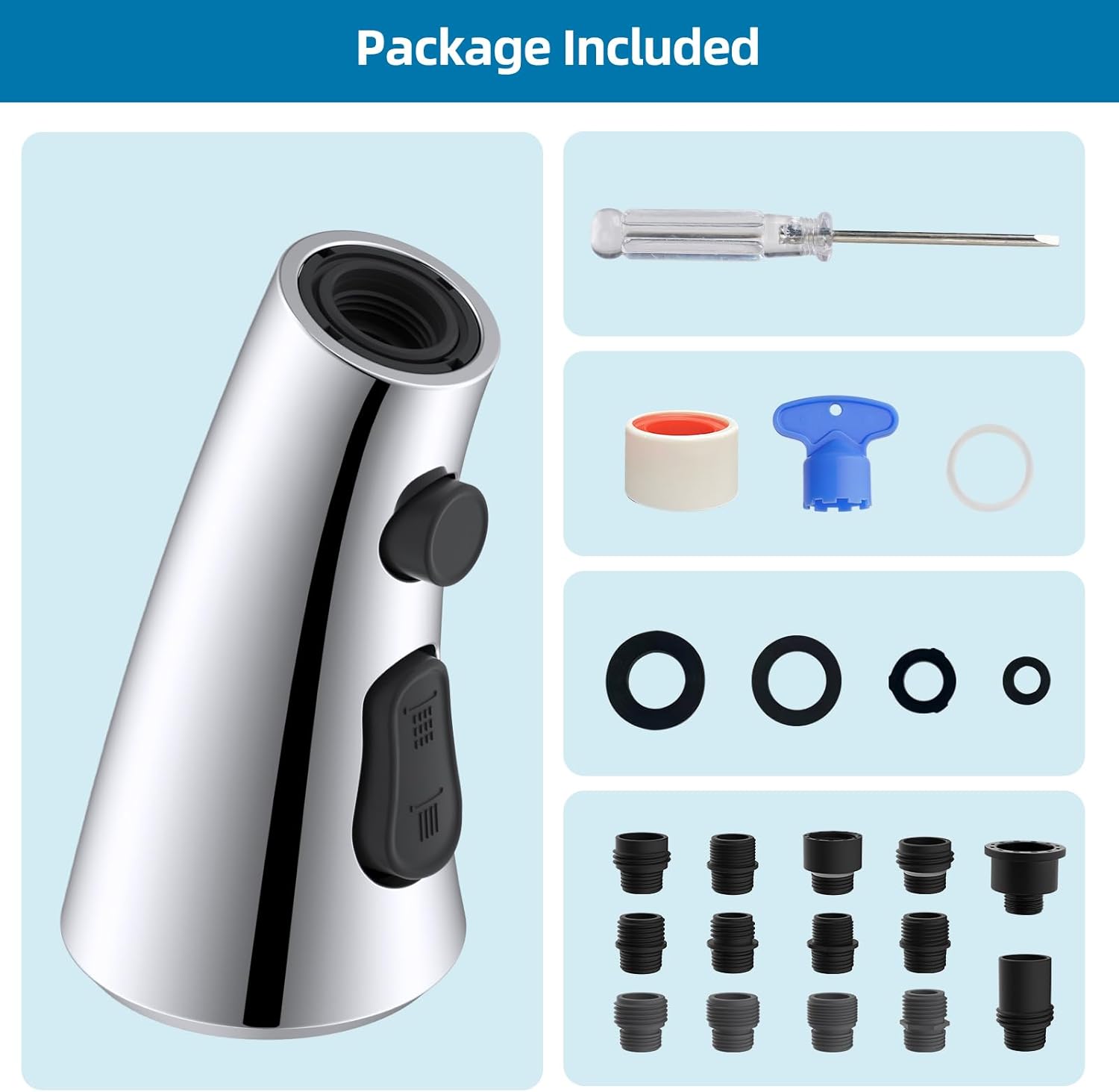 Curve Kitchen Faucet Head Replacement Compatible with Kohler, Chrome Finished, Included 14 Adapter Kit for Universal Fit Use, 3 Function Pull Down Sink Faucet Spray Head