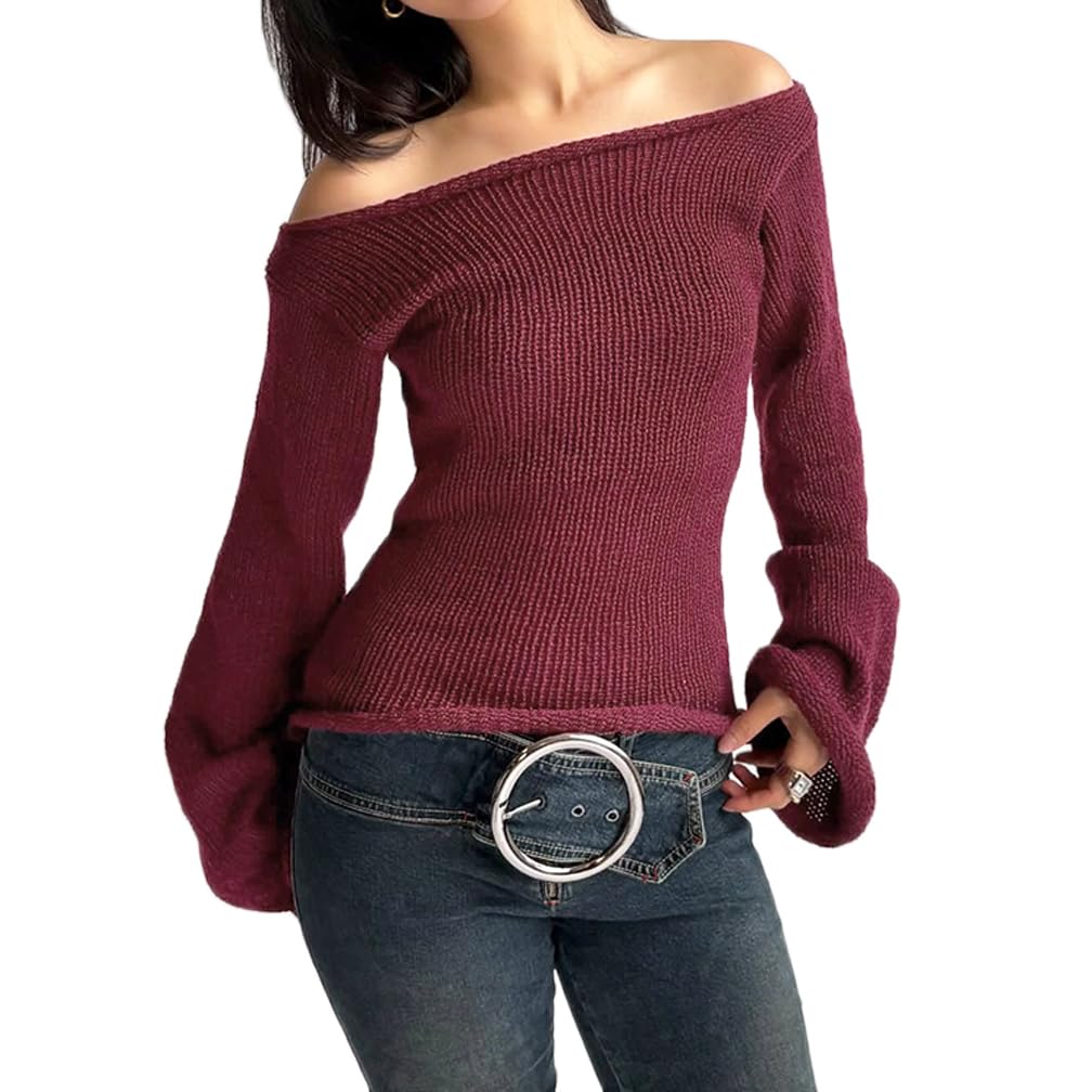 Women Y2k Off Shoulder Ribbed Knit Sweater Vintage Aesthetic Slim Fit Bell Long Sleeve Pullover Jumper Streetwear