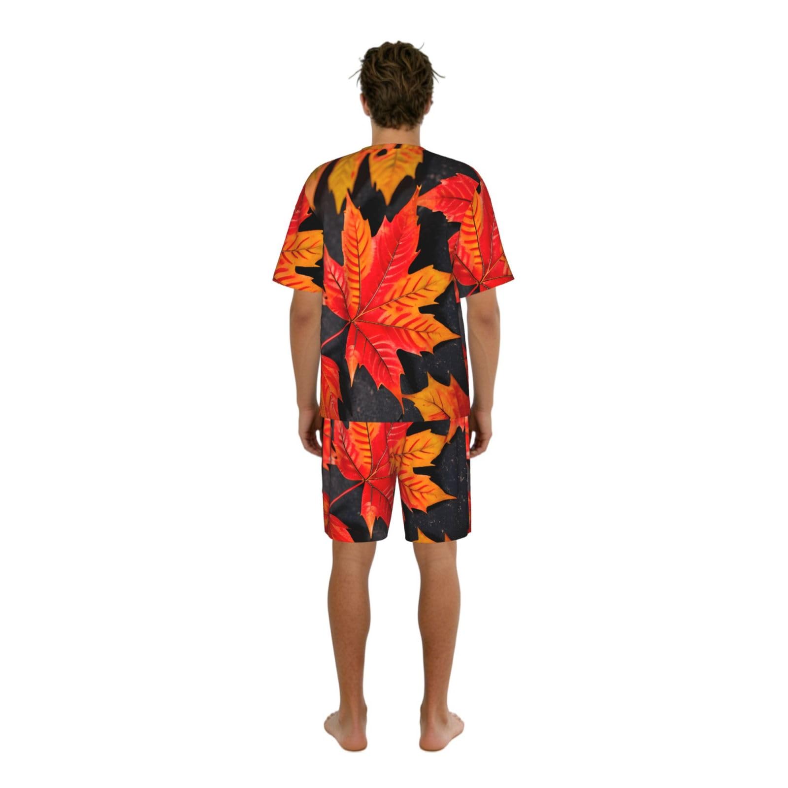 Conjunto de pijama clásico con estampado de hojas rojas para hombre, pantalones cortos de pijama suaves para hombre, perfecto para las noches de verano