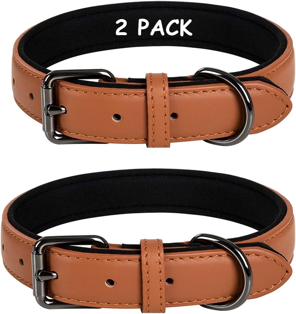 Coohom 2 Pack Genuine Leather Soft Waterproof Fabric Padded Dog Collars,Durable Adjustable Leather Pet Collars for Small Medium Large…