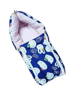 Pure Soft Cotton Baby Boys and Baby Girls 3 in 1 Multi Usage Sleeping Bag and Carry Bag and Bed kam/Baby Odddna Wrapper Cum Blanket (Teddy Dark Blue Sleeping Bag)