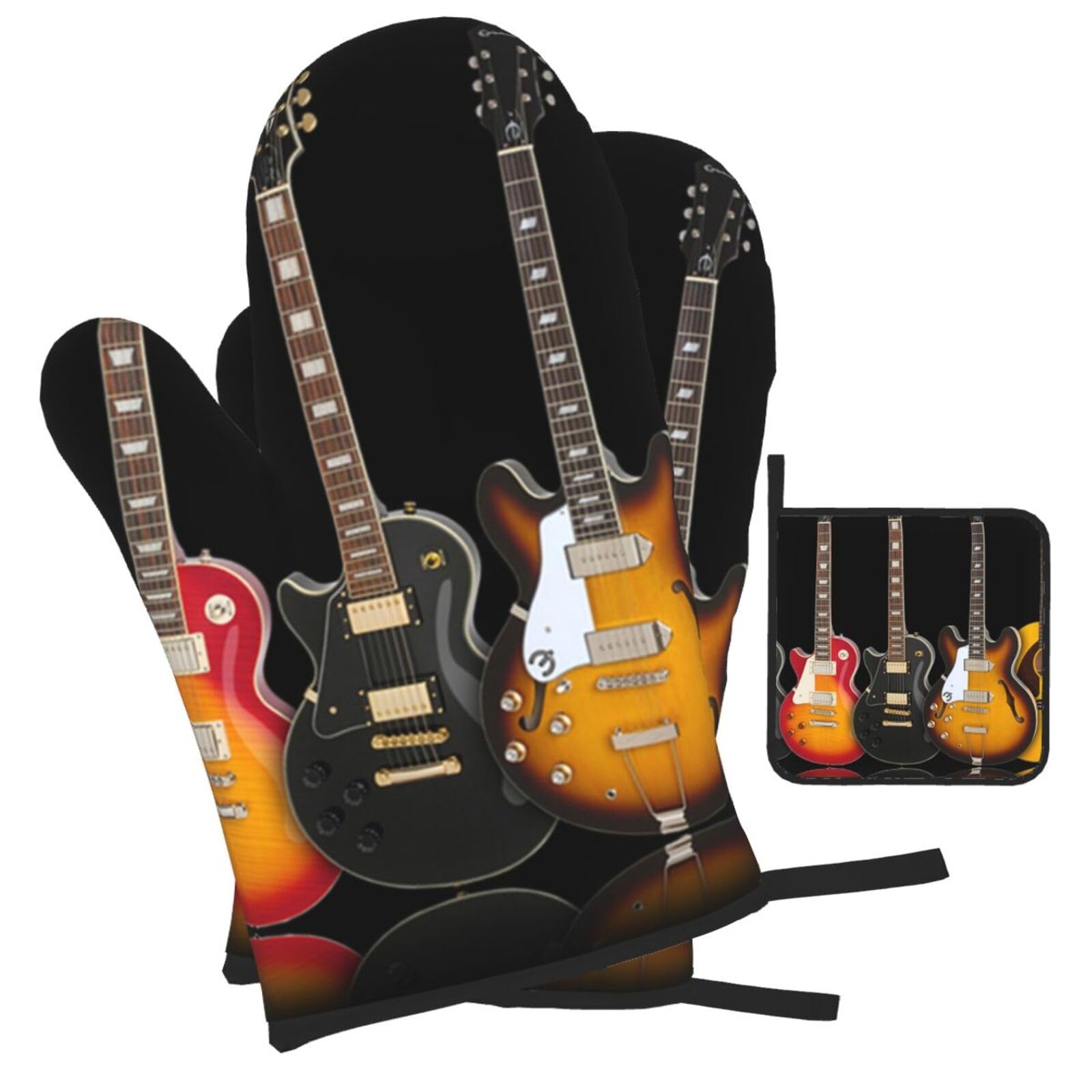 electric guitar Printed Oven Mitts and Pot Holders Heat Resistant Set of 3 Pcs, Modern Kitchen Gloves & Potholders for Cooking Baking Grilling