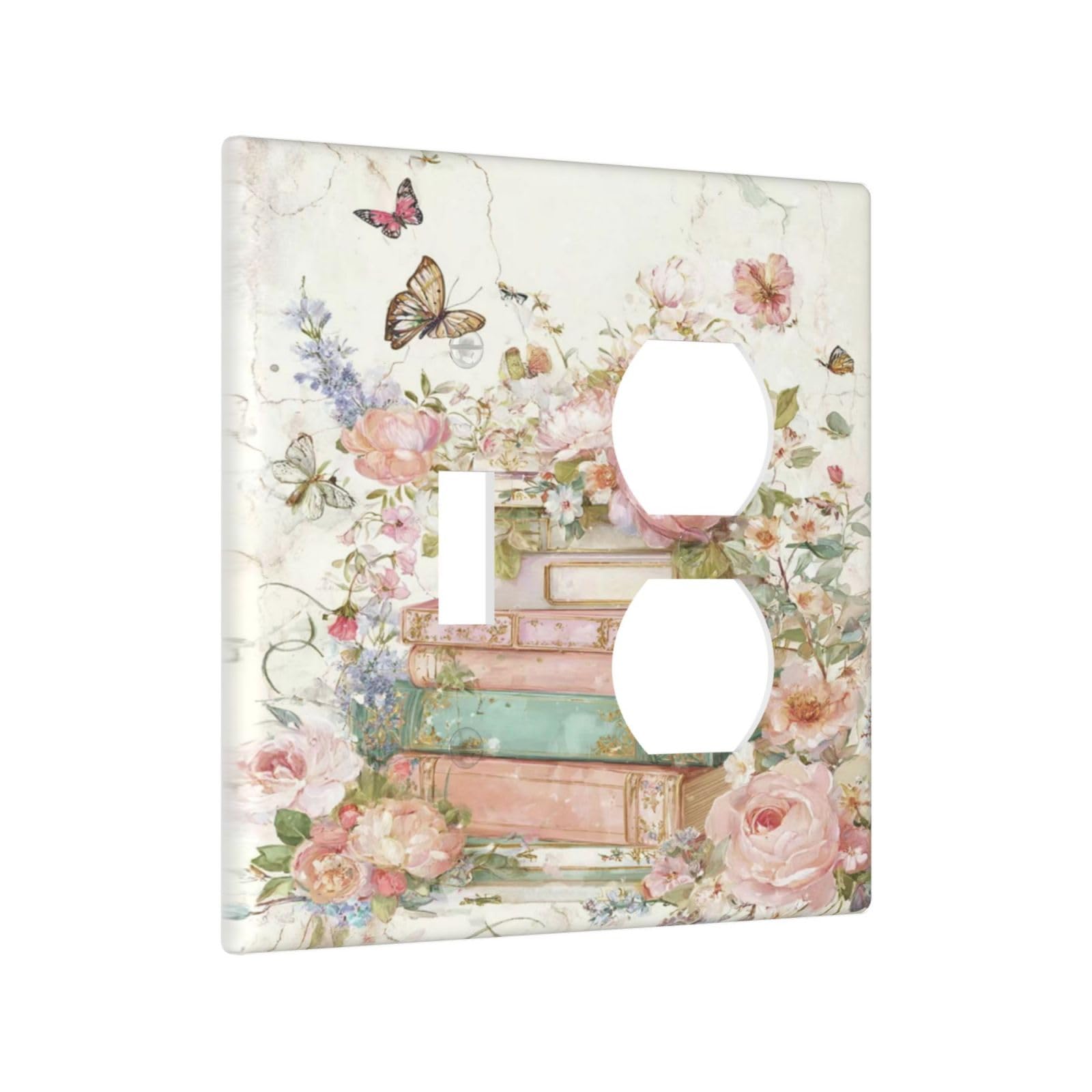 Yamxbfa Vintage Pink Watercolor Floral Book & Butterfly Outlet Covers 2 Gang Combin 1 Toggle/1 Duplex Light Switch Cover Plate Decorative Gfci Wall Plate Receptacle Switchplate for Bathroom Home Decor
