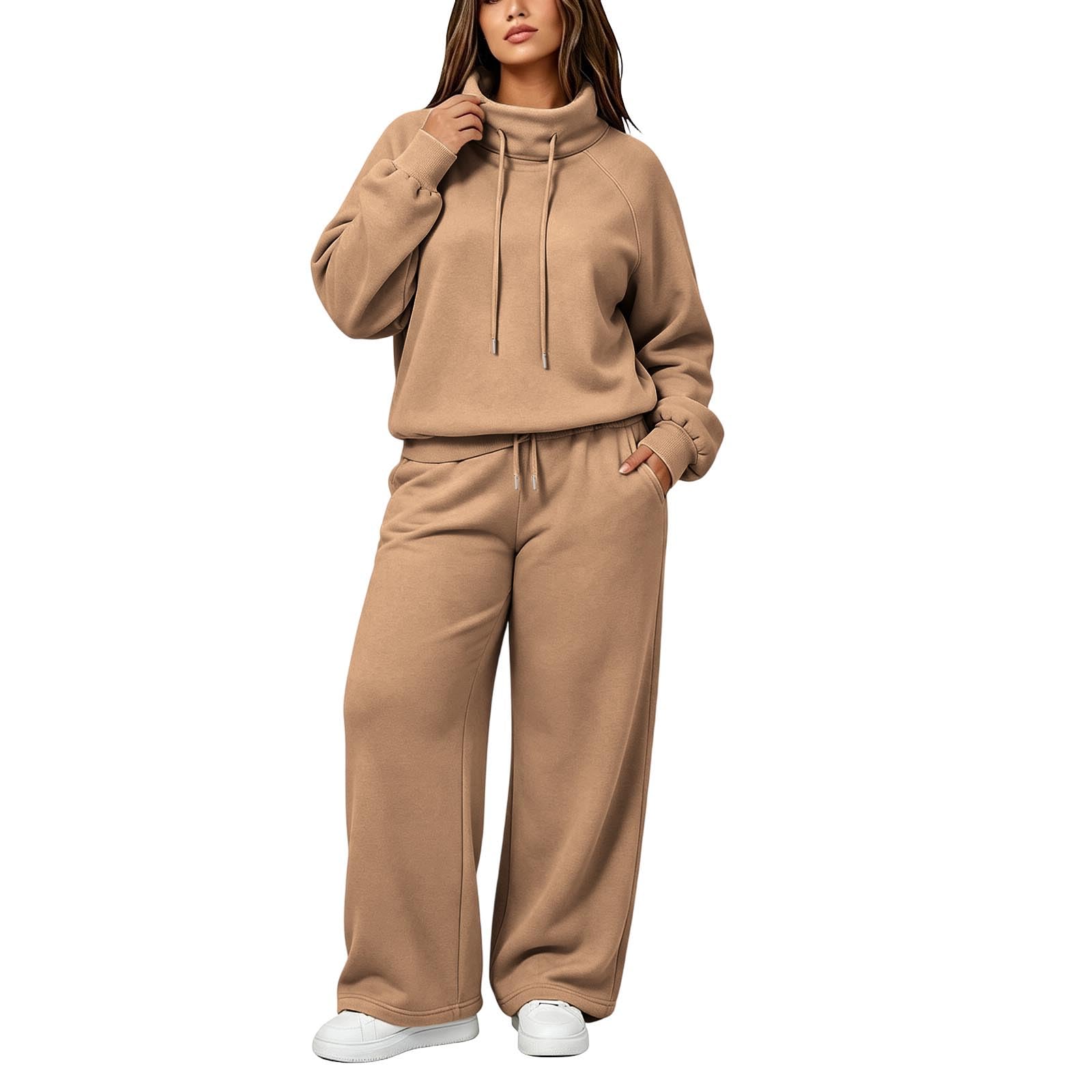 Conjunto de chándal para mujer, para otoño, invierno, gimnasio, entrenamiento, ropa de descanso, cuello alto, sudadera de gran tamaño, pierna ancha, conjunto deportivo de 2 piezas, conjunto deportivo