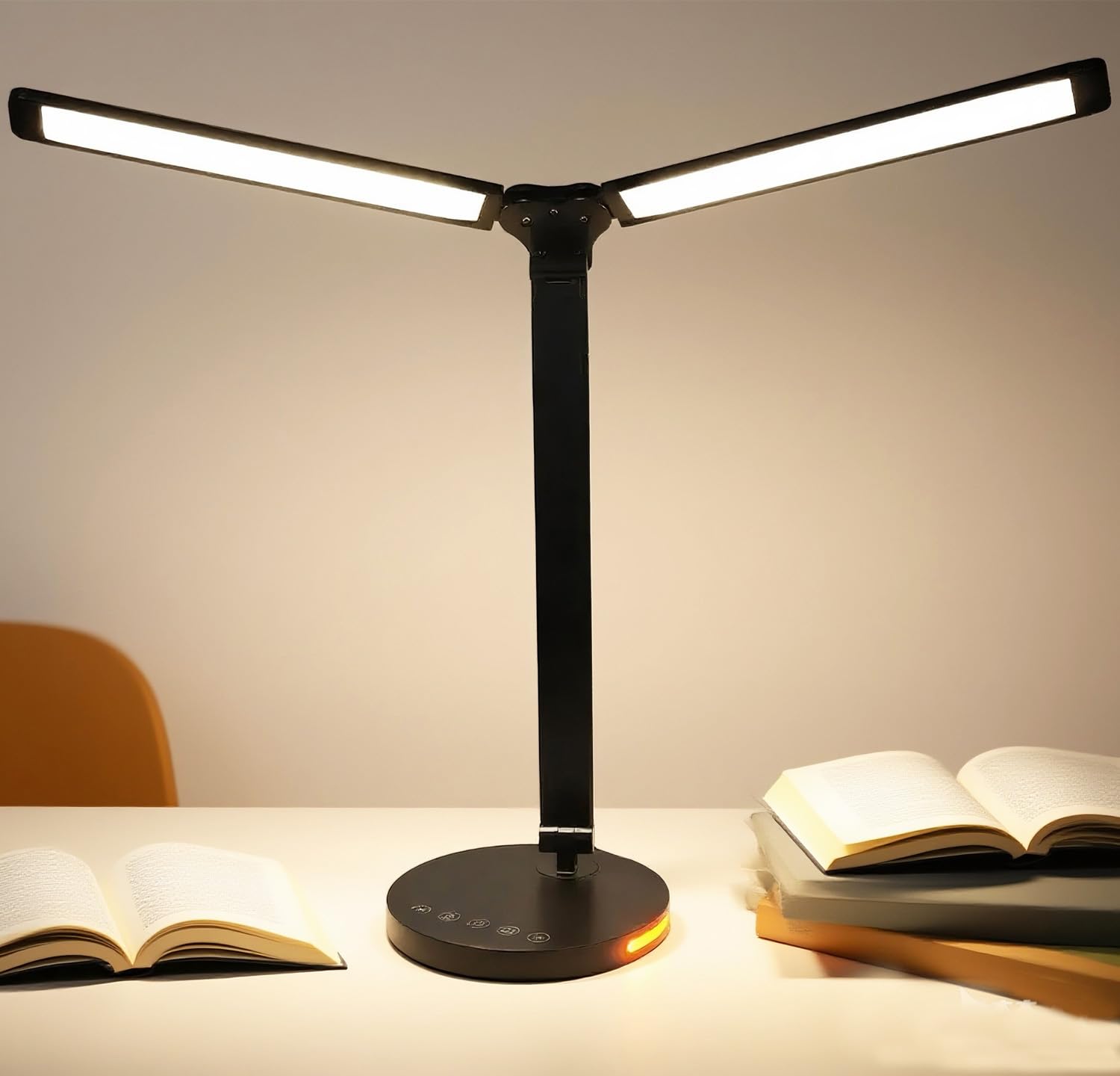 Dual Swing Arm LED Desk Lamp W/Dual Heads,Eye-Caring Table Reading Light W/5 Light Colors/Stepless Dimming/45Min Timer/3 Night Light Modes,Foldable Touch Control Beside Desk Light for Work,Study,Black