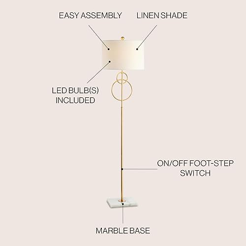 Miniatura 2 de JONATHAN Y JYL1097A - Lámpara de pie moderna circular dorada de 60 pulgadas con base de mármol blanco, lámpara de pie glamorosa para sala de estar,